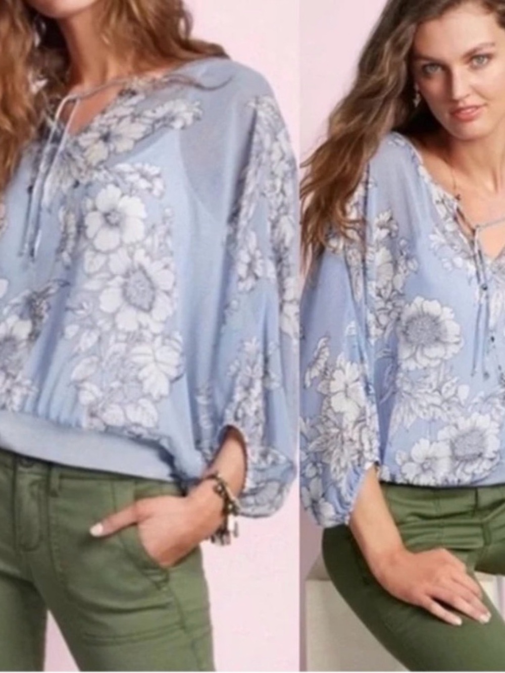 CAbi Blue and White Floral Stripe Split-Neck Blouse 3/4 sleeve sheer